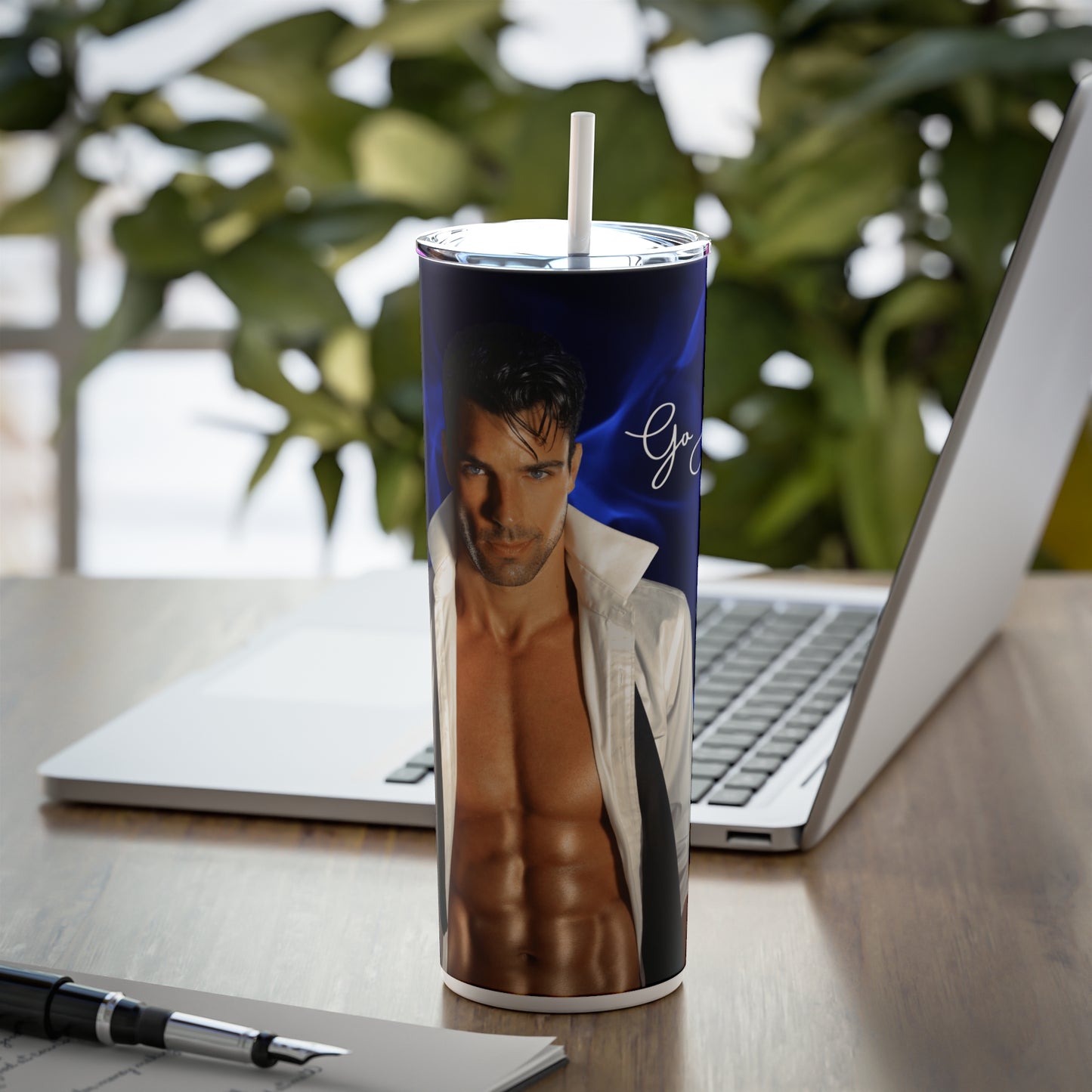 Go Away! I'm reading about hot men - Skinny Steel Tumbler with Straw, 20oz