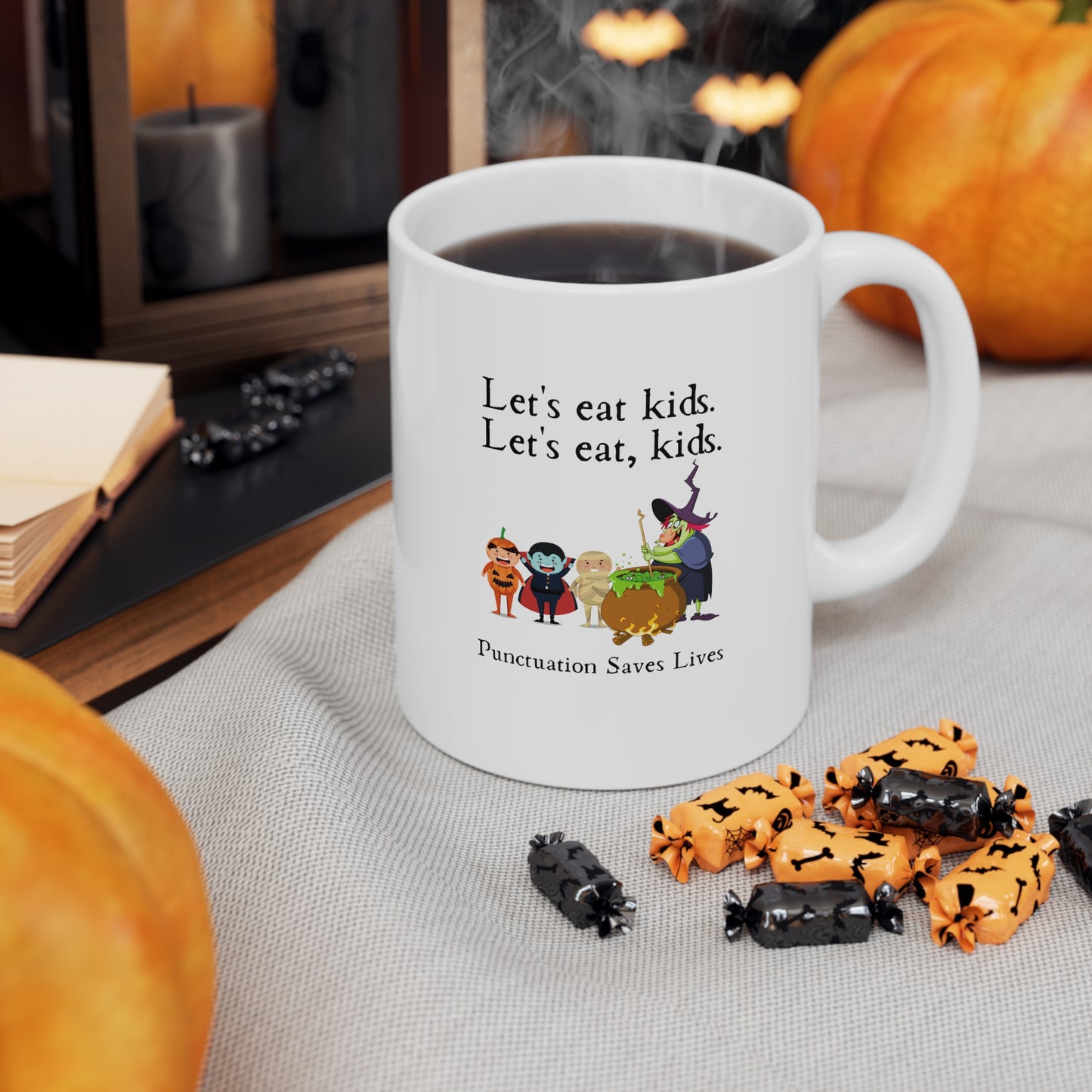 Let's Eat Kids Mug, Funny Grammar Mug, Punctuation Mug, English Teacher Mug, Punctuation Saves Lives Mug, Halloween Mug