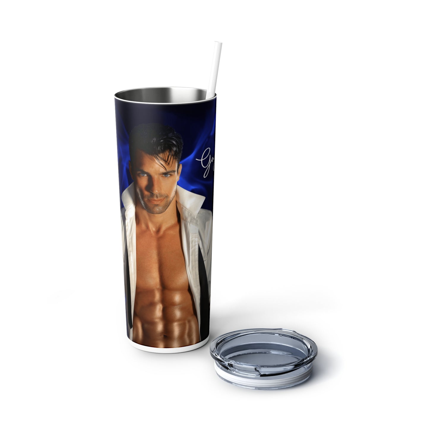 Go Away! I'm reading about hot men - Skinny Steel Tumbler with Straw, 20oz
