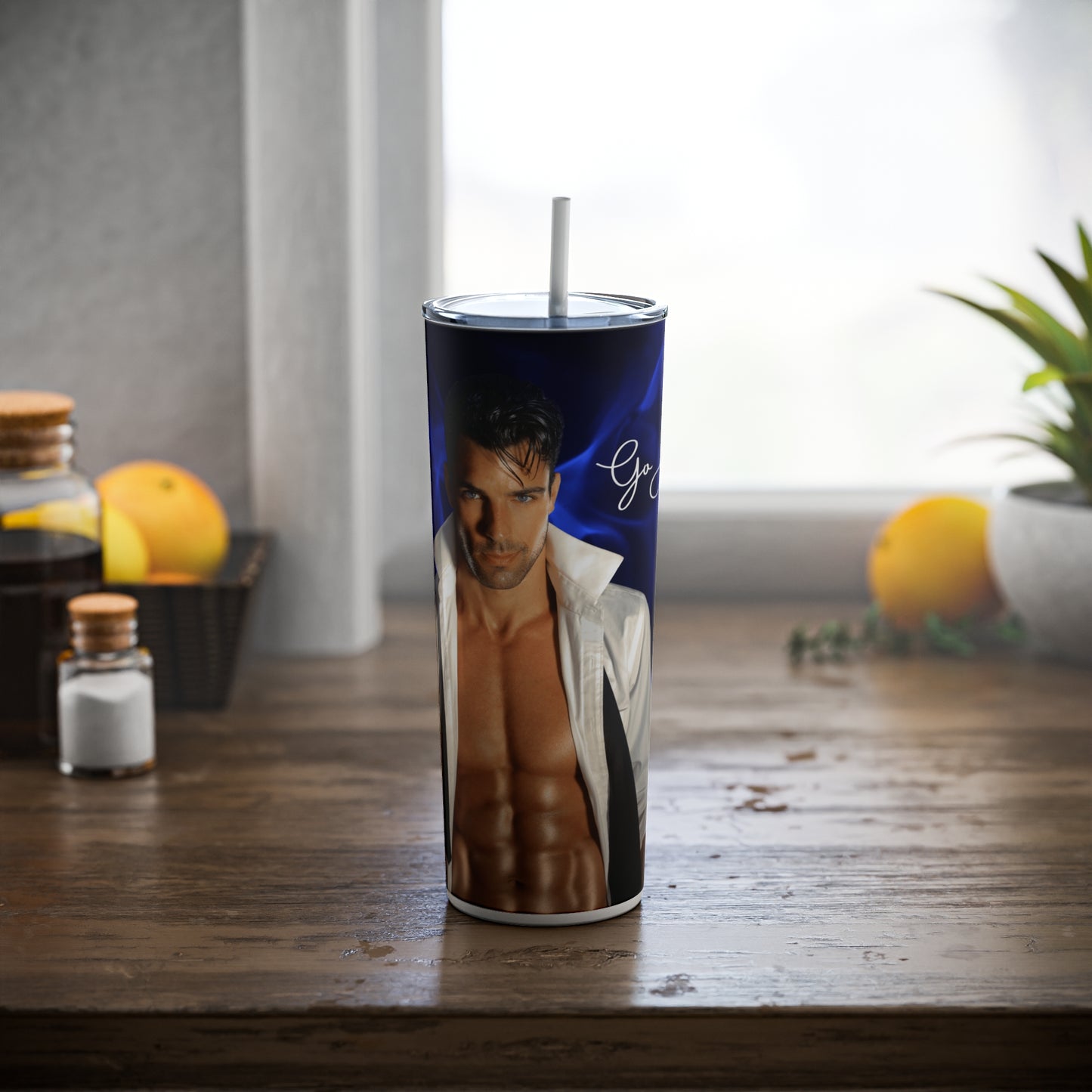 Go Away! I'm reading about hot men - Skinny Steel Tumbler with Straw, 20oz